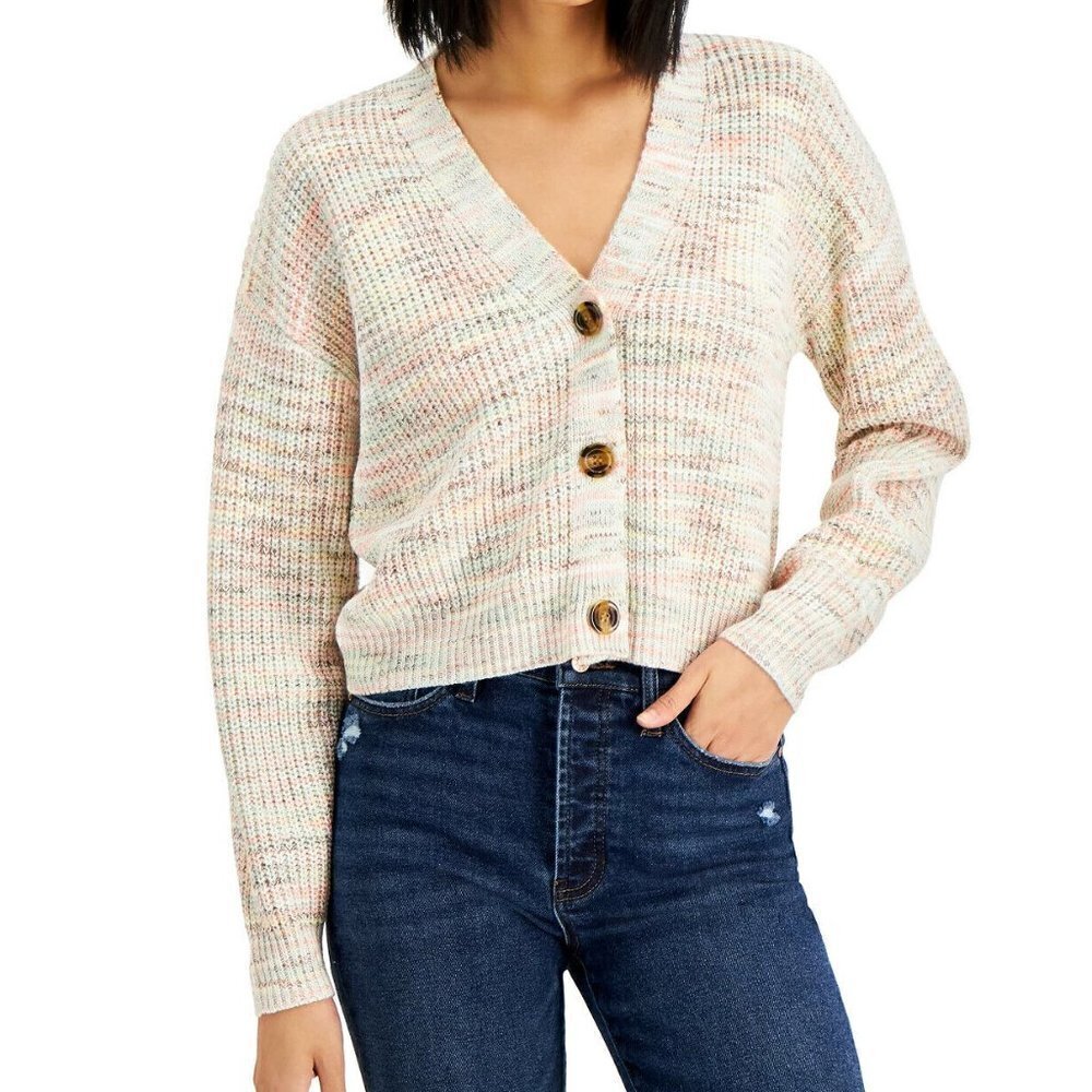 𝅺JR372 Hooked Up by IOT Multicolor Juniors' Cropped Cardigan Sweater Size XL